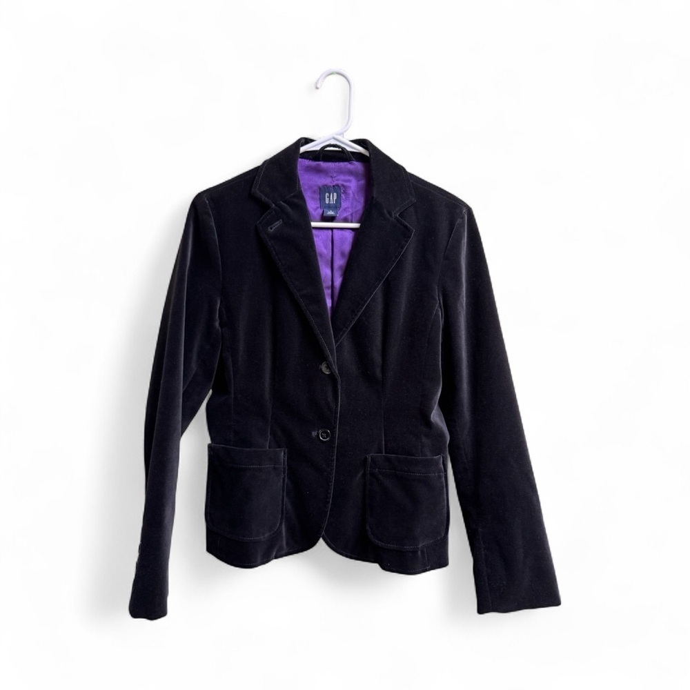 GAP Women’s Black Velvet Blazer Jacket Size 4 Purple Satin Lining Holiday Party